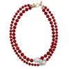 Farra Women's Red Coral With Baroque Pearls Double Strands Necklace