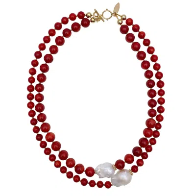 Farra Women's Red Coral With Baroque Pearls Double Strands Necklace