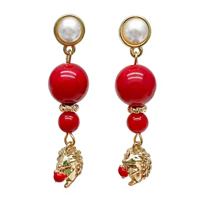 Farra Women's Red Coral With Hedgehog Pendant Stud Earrings