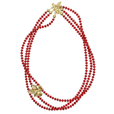 Farra Women's Red Coral With Maple Leaf Charm Multi Strands Statement Necklace