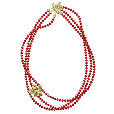 Farra Women's Red Coral With Maple Leaf Charm Multi Strands Statement Necklace In Gray