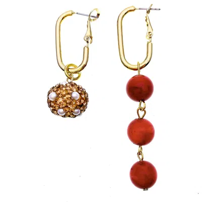 Farra Women's Red Coral With Rhinestones Bordered Pearls  Asymmetric Earrings