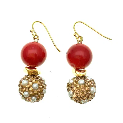 Farra Women's Red Coral With Rhinestones Bordered Pearls Earrings