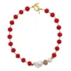 Farra Women's Red Corals With Baroque Pearl & Rhinestone Statement Necklace
