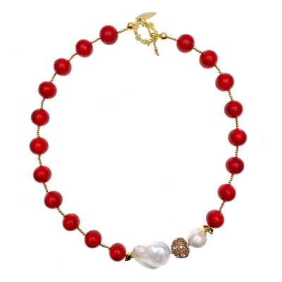 Farra Women's Red Corals With Baroque Pearl & Rhinestone Statement Necklace