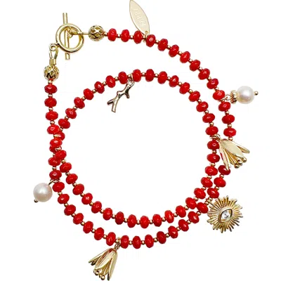 Farra Women's Red Double Layer Coral With Evil Eye Charm Multi-way Bracelet