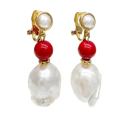Farra Women's Red / White Baroque Pearl With Red Coral Clip-on Earrings In Metallic