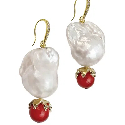 Farra Women's Red / White Classic Baroque Pearl With Red Coral Dangle Earrings In Gold
