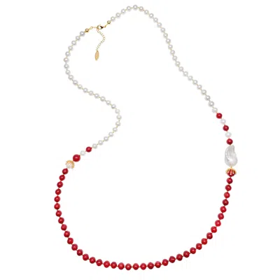 Farra Women's Red / White Freshwater Pearls And Red Coral With Baroque Pearl Timeless Necklace