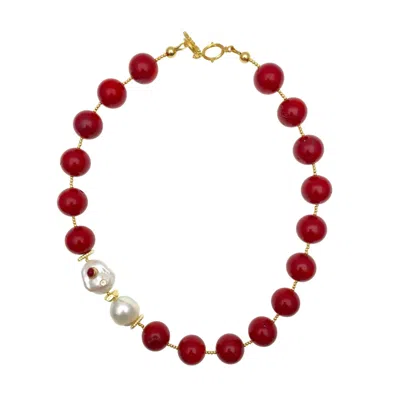 Farra Women's Red / White Nugget Bamboo Coral & Freshwater Pearls Necklace In Multi