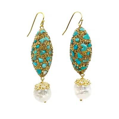 Farra Women's Rhinestone Bordered Turquoise With Freshwater Pearls Earrings In Blue