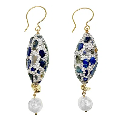 Farra Women's Rhinestones Bordered Lapis With Freshwater Pearls Dangle Earrings In Yellow
