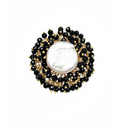 Farra Women's Romantic Style Freshwater Pearl With Black Obsidian Cocktail Ring