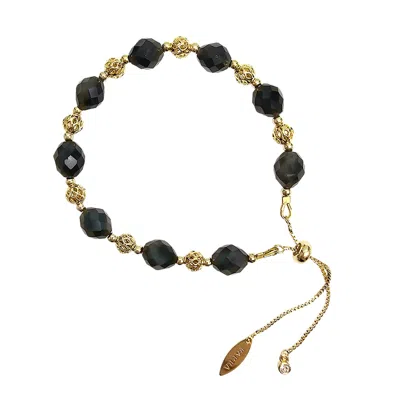 Farra Women's Romantic Style Oval Black Obsidian Adjustable Bracelet