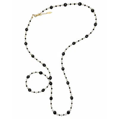 Farra Women's Romantic Style Oval Black Obsidian With White Freshwater Pearl Long Necklace
