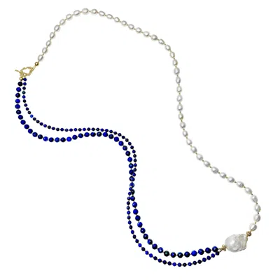 Farra Women's Round Lapis With Freshwater Pearls Multi-ways Long Necklace In Yellow