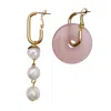 Farra Women's Round Rose Quartz With Freshwater Pearls Asymmetrical Clip On Earrings In Yellow