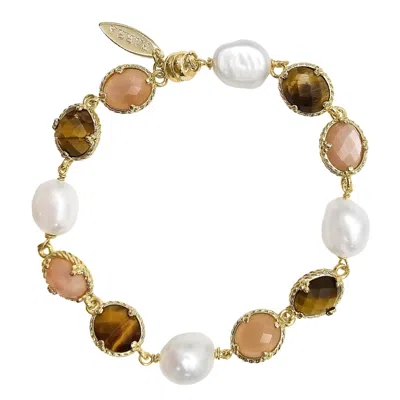 Farra Women's Tiger-eye And Sunstone With Freshwater Pearls Bracelet In Multi