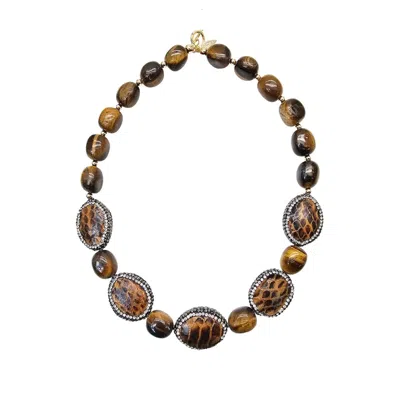 Farra Women's Tiger Eye With Brown Leather Rhinestone Statement Necklace
