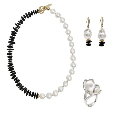 Farra Women's Timeless Black Tourmaline & White Freshwater Pearls Necklace Set In Multi