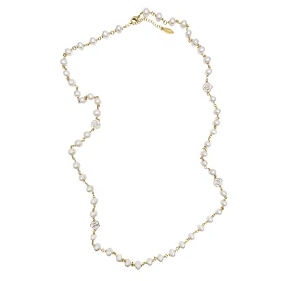 Farra Women's Timeless Freshwater Pearls With White Rose Flowers Long Necklace In Gold