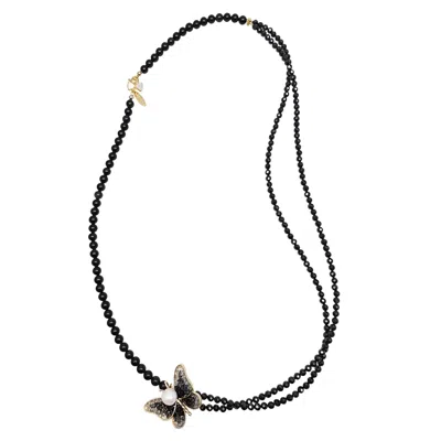Farra Women's Versatile Black Obsidian Necklace With Removable Butterfly Pearl Brooch