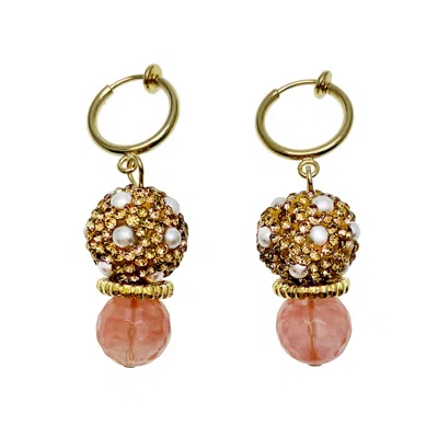 Farra Women's Watermelon Quartz Stones With Rhinestones Bordered Pearls Clip On Earrings In Pink