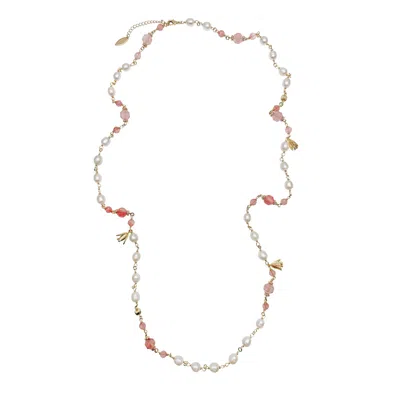 Farra Women's Watermelon Quartz With Freshwater Pearls Multi-way Necklace In Yellow