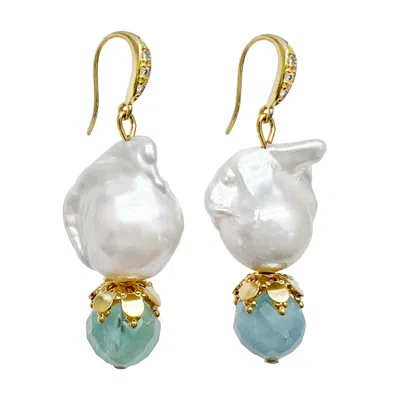 Farra Women's White Baroque Pearl With Aquamarine Dangle Earrings