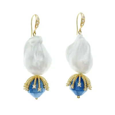 Farra Women's White Baroque Pearl With Lapis Dangle Earrings