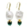 Farra Women's White Baroque Pearl With Malachite Round Stone Earrings In White