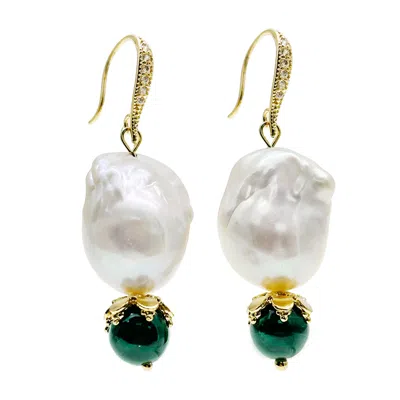 Farra Women's White Baroque Pearl With Malachite Round Stone Earrings