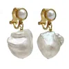 Farra Women's White Baroque Pearls Dangle Clip On Earrings In White
