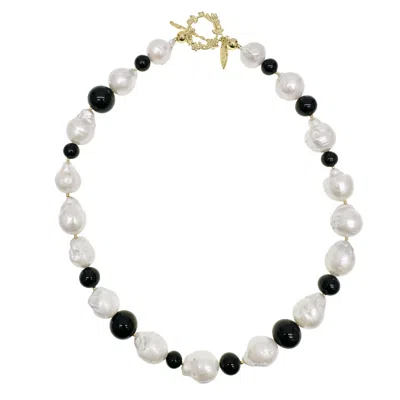 Farra Women's White Baroque Pearls With Black Obsidian Chunky Necklace In Multi