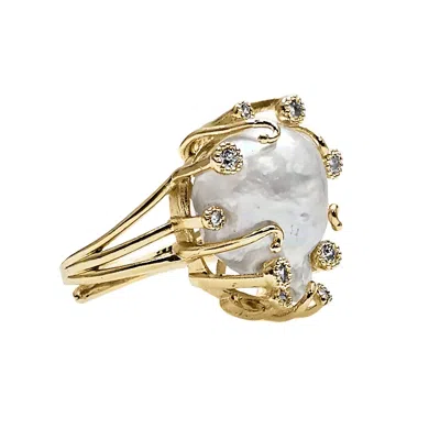 Farra Women's White Baroque Pearls With Gold Band Adjustable Ring