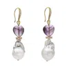 Farra Women's White Baroque Pearls With Heart Amethyst Earrings