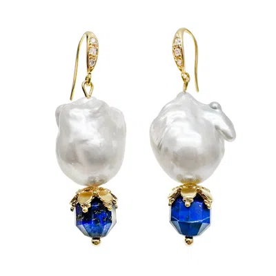 Farra Women's White Baroque Pearls With Lapis Earrings