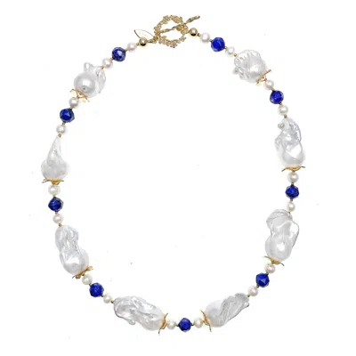 Farra Women's White Baroque Pearls With Lapis Timeless Necklace