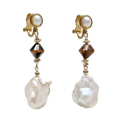Farra Women's White Baroque Pearls With Tiger Eye Dangle Clip-on Earrings