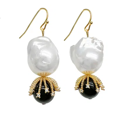 Farra Women's White / Black Baroque Pearls With Black Obsidian Timeless Earrings In Multi
