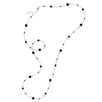 Farra Women's White / Black Black Obsidian With Freshwater Pearls Long Necklace In Multi
