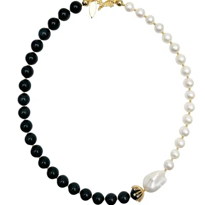 Farra Women's White / Black Freshwater Pearls With Black Gemstone Timeless Necklace In Multi