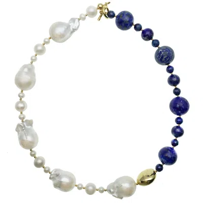 Farra Women's White / Blue  Baroque Pearls & Round Lapis Short Necklace In Metallic