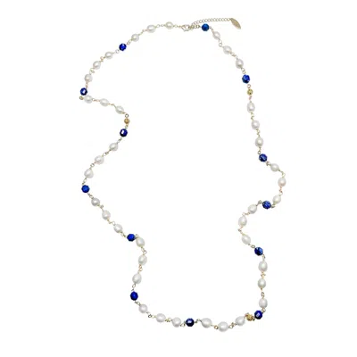 Farra Women's White / Blue Freshwater Pearls With Lapis Multi-way Necklace