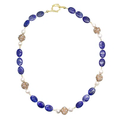 Farra Women's White / Blue Lapis With Freshwater Pearl With Rhinestone Necklace In Multi