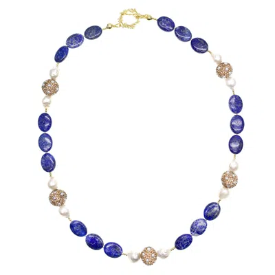 Farra Women's White / Blue Lapis With Freshwater Pearl With Rhinestone Necklace
