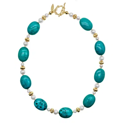 Farra Women's White / Blue Oval Turquoise & Freshwater Pearls Statement Necklace In Multi