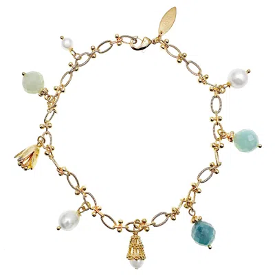 Farra Women's White Chain With Aquamarine Charms Anklet