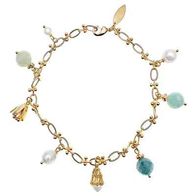 Farra Women's White Chain With Aquamarine Charms Anklet In Gold