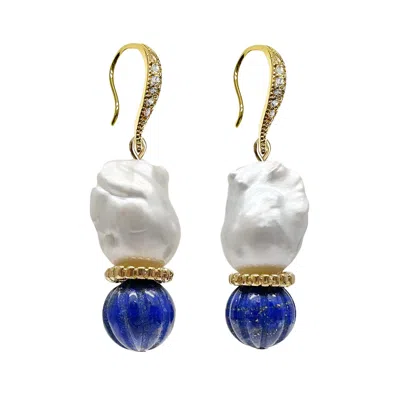 Farra Women's White Classic Baroque Pearls With Pumpkin-shaped Lapis Earrings